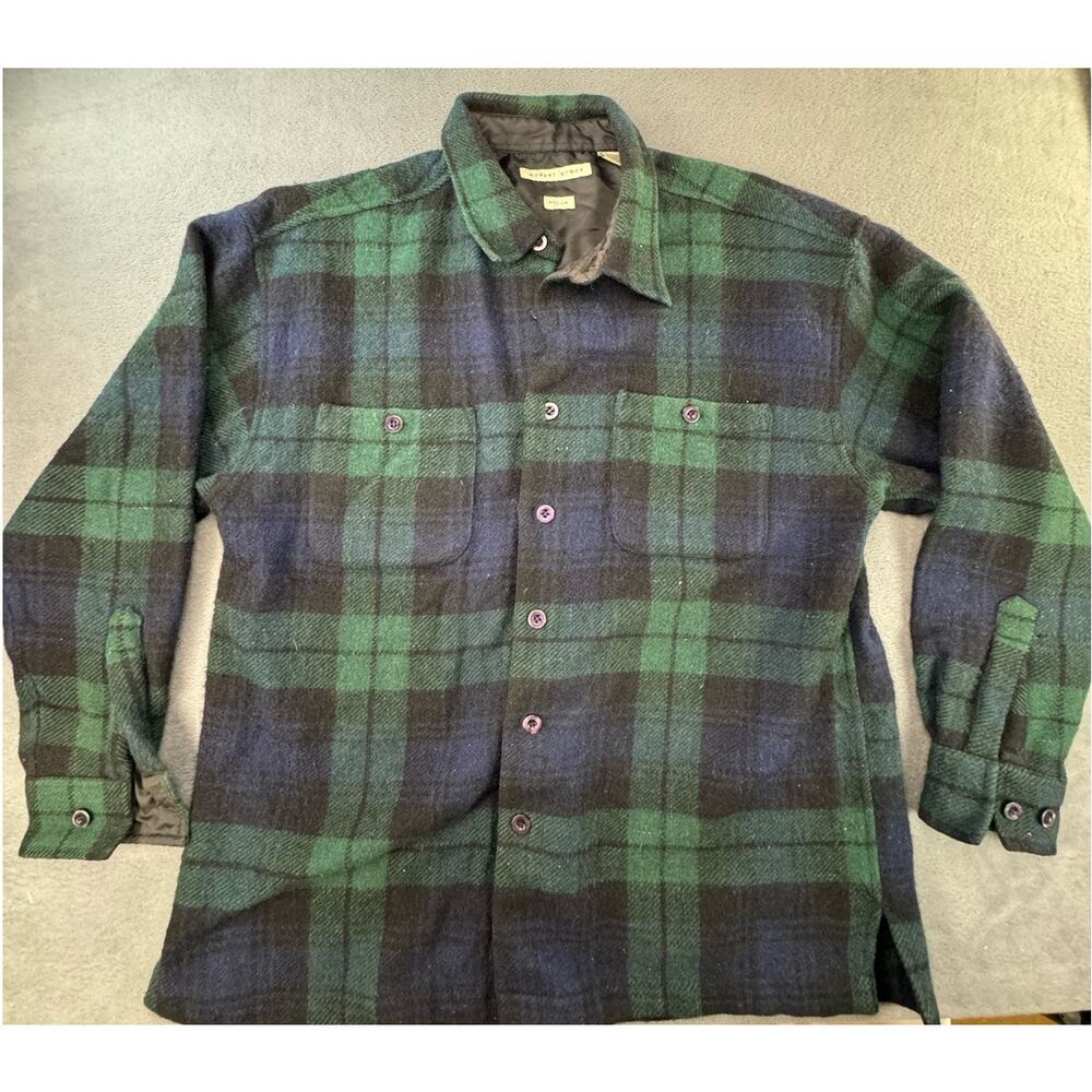 Robert Stock Flannel Shacket Shirt Mens M Blue Plaid Wool Blend Gorpcore Pockets
